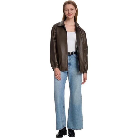 Women's Brown Faux Leather Zip-Up Jacket with Elastic Cuffs and Collar - Picture 6 of 7